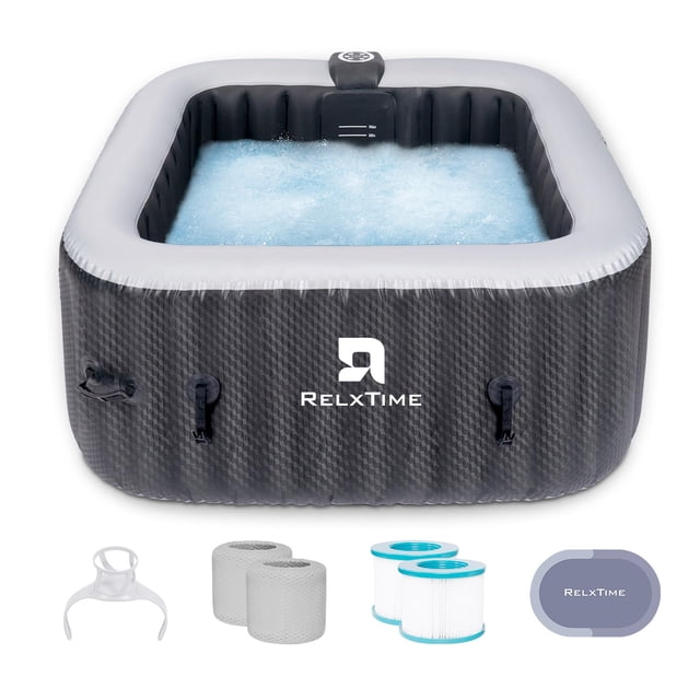 RELXTIME Inflatable Hot Tub 2 to 3 Person 61 Inch Outdoor Square Portable Home Spa in black, featuring 110 soothing air jets and a built-in water filtration system. Made of durable 3-layer PVC material, it includes a digital control panel, spa cover, filter pump, and water hose. Designed for both indoor and outdoor use, it accommodates up to 4 people and offers a maximum water temperature of 104°F.