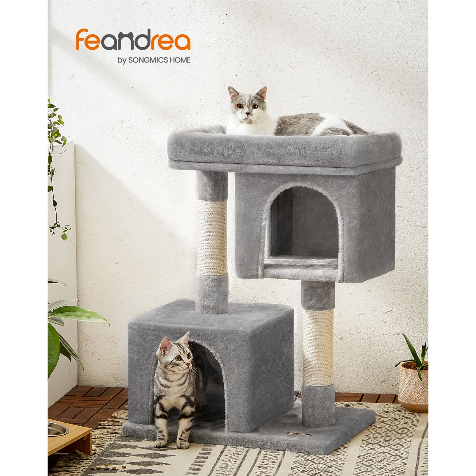 Feandrea Cat Tree, 33.1-Inch Cat Tower, L, Cat Condo for Large Cats up to 16 lb, Large Cat Perch, 2 Cat Caves, Scratching Post, Light Gray
