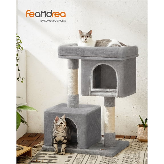 Feandrea Cat Tree, 33.1-Inch Cat Tower, L, Cat Condo for Large Cats up to 16 lb, Large Cat Perch, 2 Cat Caves, Scratching Post, Light Gray