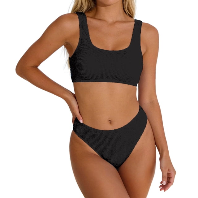 Rugged Ribbed Two Piece Bikini Set Featuring Wide Strap Top and Mid Waist Swimwear For All Seasons Beachwear