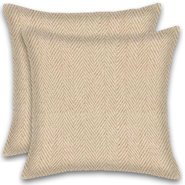 Herringbone Stripe Cotton Cushions Set of 2 poly filled with zipper machine washable, featuring two square cushions with a beige and light brown herringbone pattern on breathable lightweight linen feel cotton fabric, concealed zipper closures for easy cleaning, ideal for decorative use and suitable as casual floor cushions.