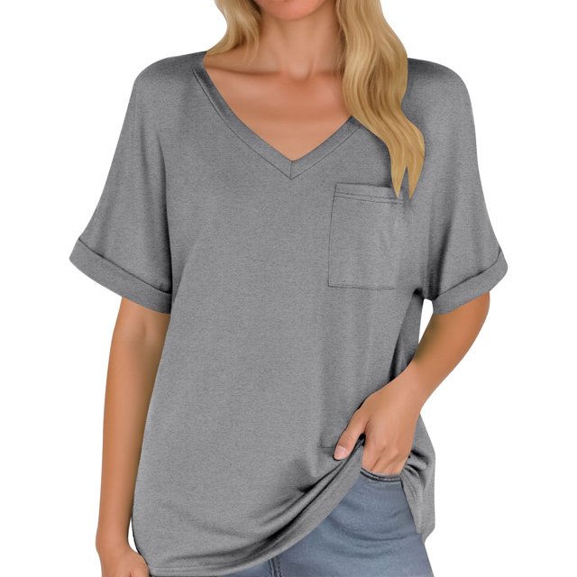 NINGMENG Womens Tops Solid Color V Neck Pocket Short Sleeve Loose Tops Pullover Tee Shirts Daily-Wear,Silver,M