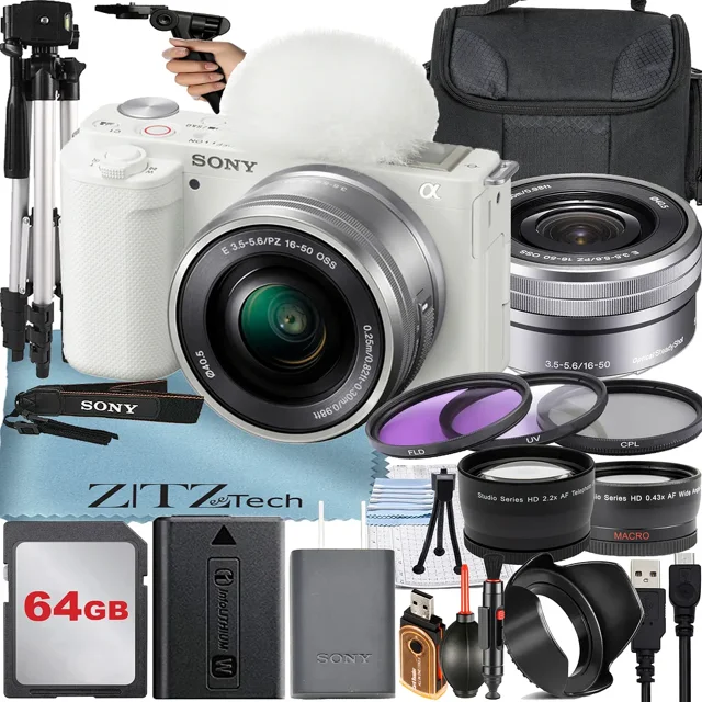 Sony Alpha ZV-E10 Mirrorless Vlog Camera With 16-50mm Lens + 64GB Memory Card + Filter Kit + Tripod + Case + ZeeTech Accessory Bundle (White)