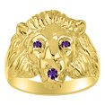thumbnail image 1 of RYLOS Gold Plated Silver Lion Head Ring Color Stone Birthstones Eyes and Mouth Fun Designer Rings Amethyst Jewelry Size 9, 1 of 8