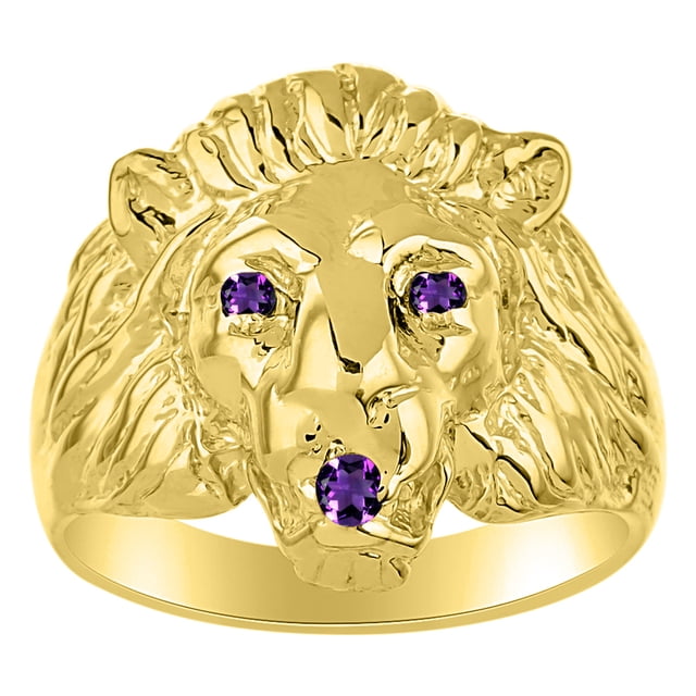RYLOS Gold Plated Silver Lion Head Ring Color Stone Birthstones Eyes and Mouth Fun Designer Rings Amethyst Jewelry Size 9