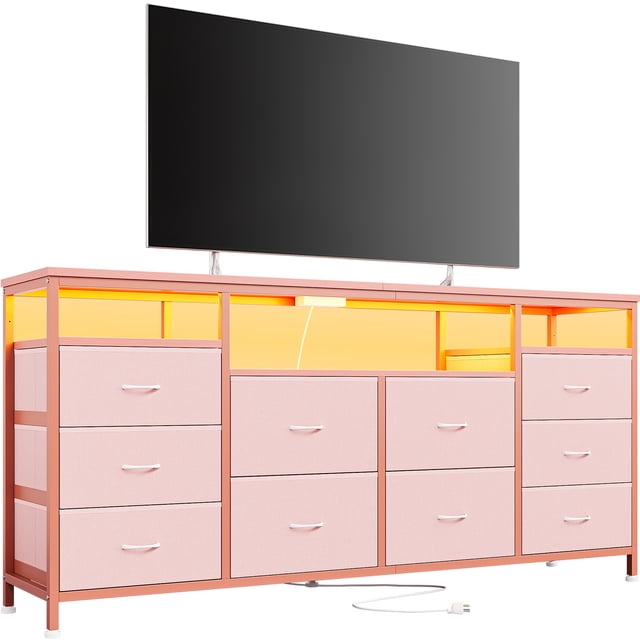 TV Stand with 10 Fabric Drawers for 65 70 75 Inches TV, 63" W Entertainment Center TV Console Table with LED Lights & Power Outlets & Open Storage Shelves