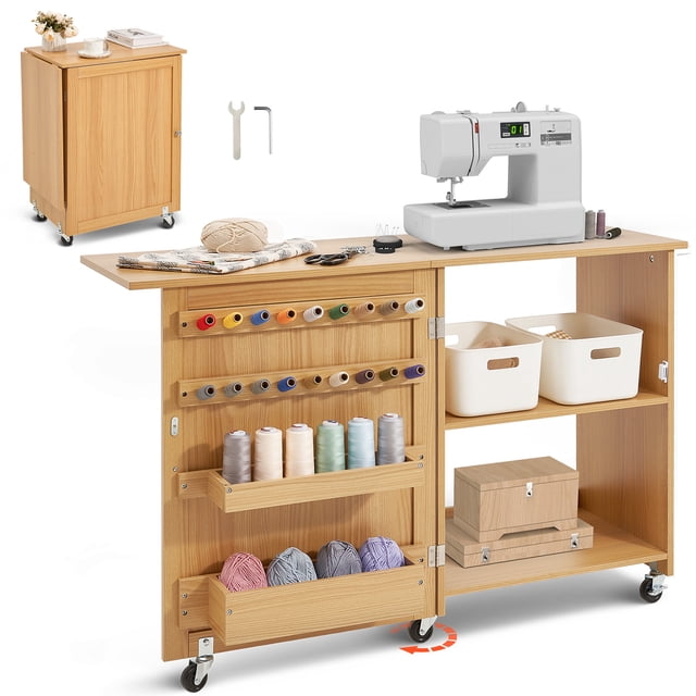 KFFKFF Folding Sewing Table, Multipurpose Sewing Machine Table with Compact Design, Wheels, Shelves, Storage Trays, Wooden Pegs, and Magnetic Doors, Sewing Desk Cabinet