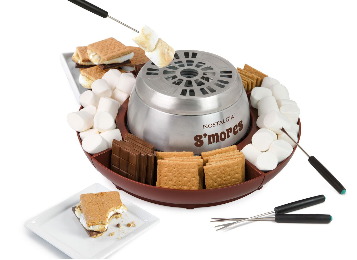 Nostalgia Indoor Electric Stainless Steel S'mores Maker with 4 Lazy Susan Compartment Trays
