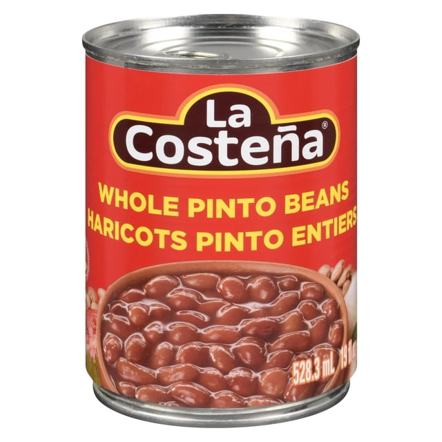 La Costeña LA COSTENA Haricot PINTO Entier 528,3 ml Boîte Rouge avec logo, Haricots PINTO Entiers Étiquetés en Anglais et en Français, Montrant des Haricots PINTO Cuits dans un Bol Brun, Idéal pour Soupes, Salades et tacos, avec un volume de 528,3 ml.