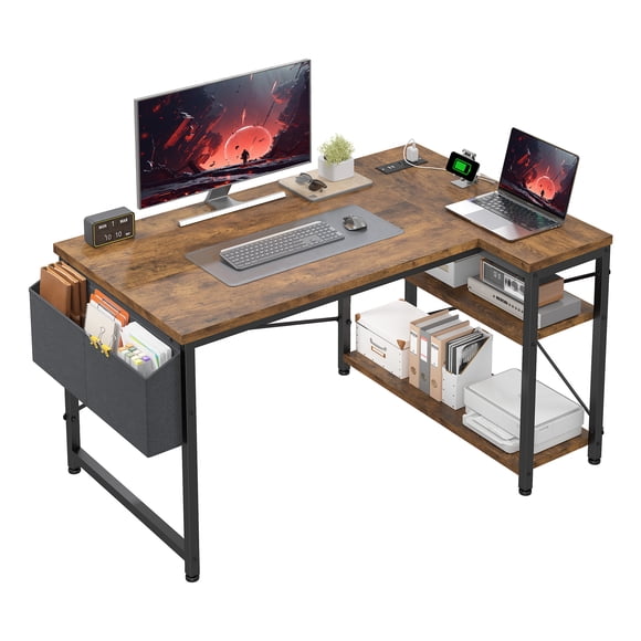 Exenoray L-Shaped Computer Desk with Power Outlet, 40" Reversible Corner Desk with Storage Shelf & Fabric Organizer, Space-Saving Home Office Workstation,Rustic Brown
