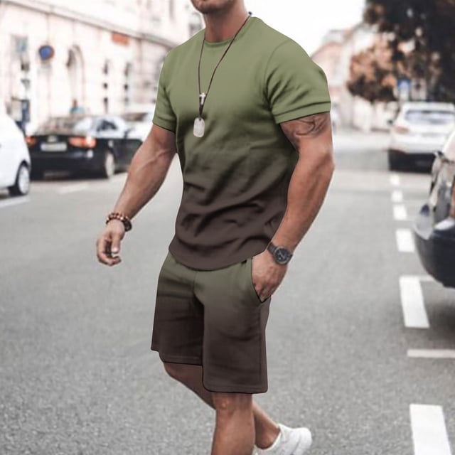 cllios Mens 2 Piece Short Sets Outfits Classic Gradient Printed Track Suits Summer Casual T Shirts Short Sleeve Drawstring Elastic Waist Beach Shorts with Pockets