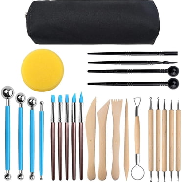 Clay Tool Kit for Air Dry Clay, Polymer Clay Tools with Double Ended Ribbon Tool, Zip-up Bag, Features Rubber Handle Ball Stylus, Pottery Sponge, Ideal for Sculpting and Modeling