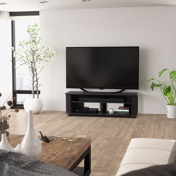 CorLiving Bakersfield Engineered Wood TV Stand with Open Shelves and Sound Bar Space for TVs up to 75", Black