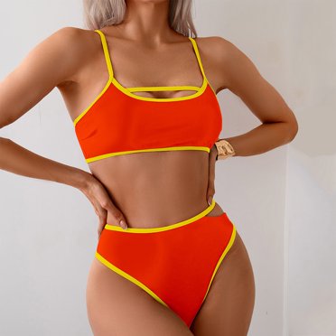 UPPADA Women's High Waisted Bikini Sets Color Block 2 Piece Swimsuit Cute Summer Flattering Bathing Suits Two Piece Full Coverage Swimsuits High Cut Bathing Suits with Bottom Orange,L