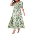 thumbnail image 4 of GRACE & GRANDEUR Robe Maxi Bohème à Fleurs pour Femme Grande Taille, Manches Courtes, Encolure Carrée, Smockée, 1X Vert, 4 of 5
