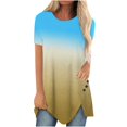 thumbnail image 1 of Pompotops Femmes Grande Taille Bouton Imprimé Col Rond Manches Courtes T-shirt Irrégulier Blouse Tops, 1 of 5