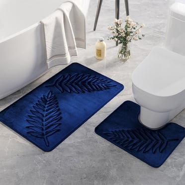 Fridja Summer Clearance Bathroom Rugs Sets 2 Piece Non Slip, Leaf Bath Mats for Bathroom Floor Set of 2, Ultra Soft and Quick Dry Bath Rugs, Machine Washable Rugs for Bathtub, Shower, Navy