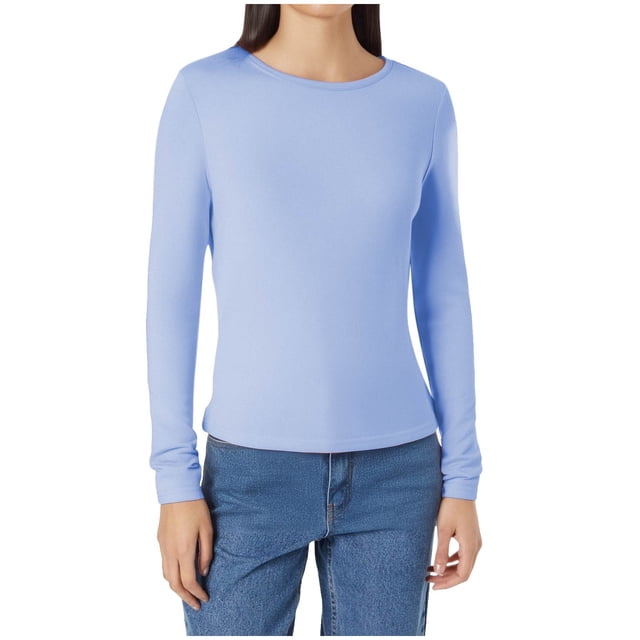 SROBPTY Longues Chandails à Manches pour Femmes, T-Shirt Décontracté à Col Rond pour Femmes à Manches Longues Bleu, G