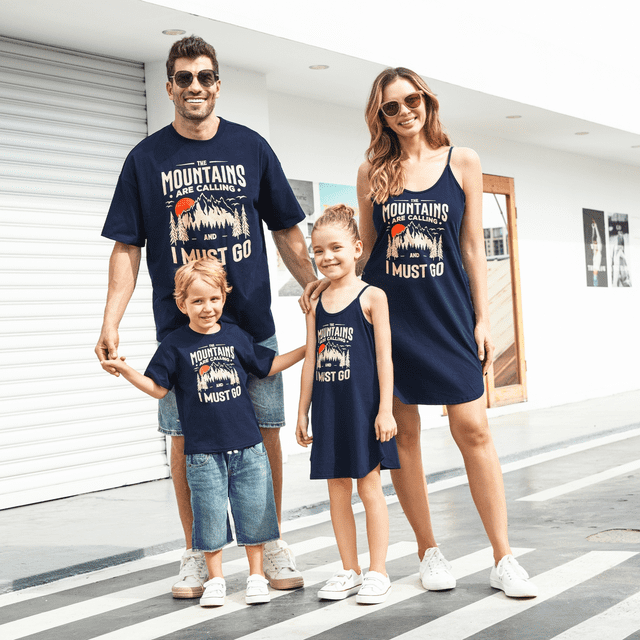 PatPat Quick-Dry Family Matching Mountain Graphic Slogan Print Oversize Tee or Flowy Strap Dress with Pockets