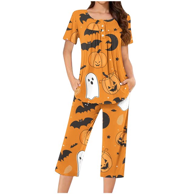 Jamicy Pyjama Mignon pour Femmes Pyjama pour Femmes à la Mode Décontracté Ample Imprimé Col Rond à Boutons Pantacourt Ensemble de Pyjama Pyjama d'Halloween
