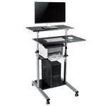 Multi-Purpose Mobile Standing Desk, Home Office Stand Up Desk Rolling Computer Workstation Laptop Desk with Printer Shelf and Keyboard Space, Adjustable Height
