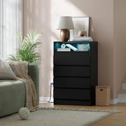 4 Drawer Double Dresser with Power Outlet, Accent Chests of Drawers with LED Light, Modern Storage Dresser with Charging Station,Black