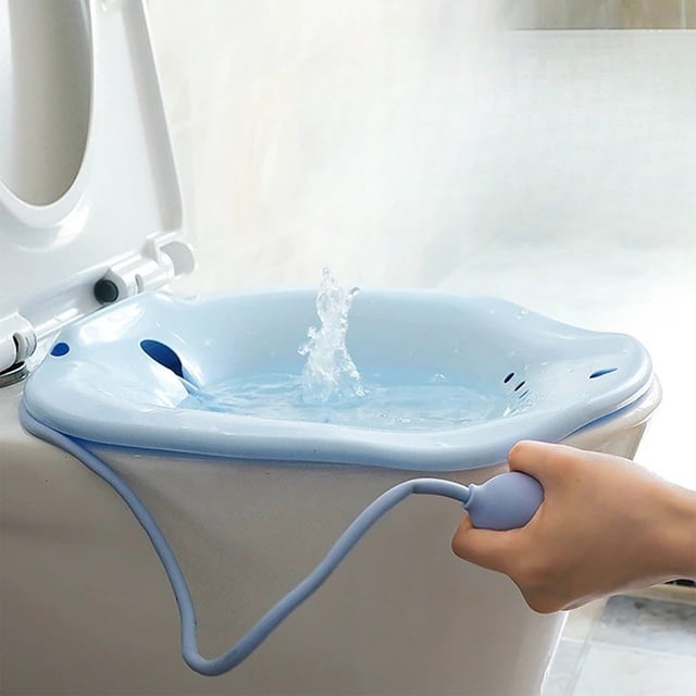 TIMIFIS Squat Free Bathtub Comfortable Sitting Bath Tub with high temperature resistance and flatter layer, crafted from durable blue plastic. The ergonomic basin features an avoid-overflow outlet and a hand pump for water control, designed for use on a toilet seat. Ideal for bathroom renovation projects, elderly care, and accessibility needs.