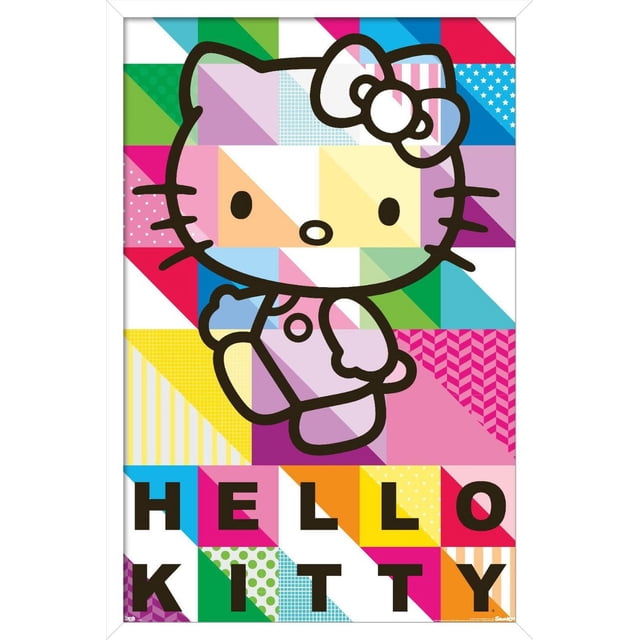 Hello Kitty - Affiche Murale à Motifs, 22,375 Po x 34 Po Mettant en Vedette un Personnage Hello Kitty Centré, Définie en Noir avec un Nœud sur l'Oreille Gauche de Elle, sur Fond de patchwork Géométrique Coloré de triangles et de Carrés aux Couleurs pastel et Vives avec des Motifs Variés, et un Texte Noir Audacieux « Hello Kitty » au Bas, Imprimé sur du Papier d'Affiche Lustré, Convient pour Décorer des Chambres, des Chambres d'Enfants Ou des Bureaux.