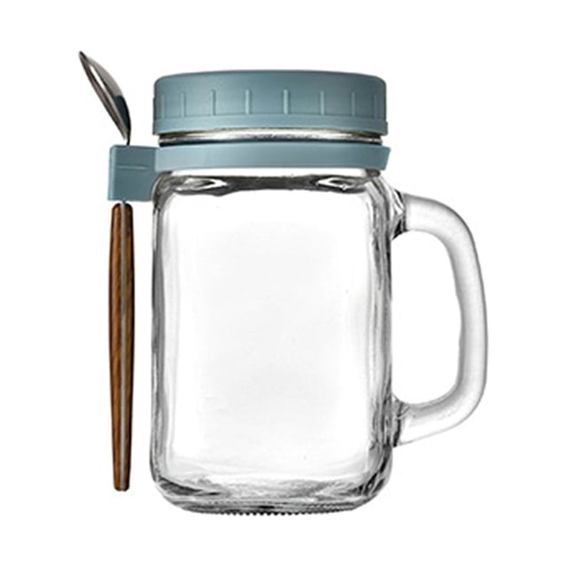 TIMIFIS Apartment Essentials Portable Handle Overnight Oats Jars, a set of two 10-ounce glass containers with airtight lids and attached stainless steel spoons. Each jar features a blue lid, a sturdy handle, and a wide-mouth design for easy filling and cleaning. Ideal for storing grains, milk, vegetables, fruits, or yogurt, these jars are portable and leak-proof, making them suitable for home, office, or travel use.
