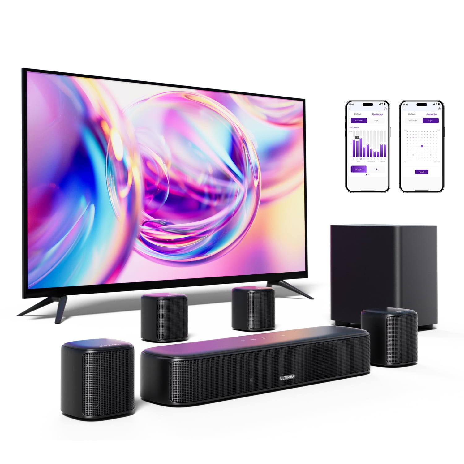 ULTIMEA 7.1ch Virtual Surround Sound Bar, Sound Bar for Smart TV with 4 Surround Speakers, Peak Power 330W, Surround Sound System for TV, App Control, TV Soundbar with Subwoofer, Opt/AUX/BT, Aura A40