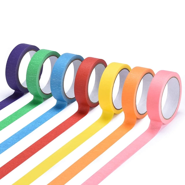 Coloured Tape, Art Supplies featuring seven vibrant rolls of masking tape in purple, green, blue, red, yellow, orange, and pink. Each roll is slightly unwound to display its bright color and smooth texture. Suitable for crafting, decorating, DIY projects, and as craft adhesives.