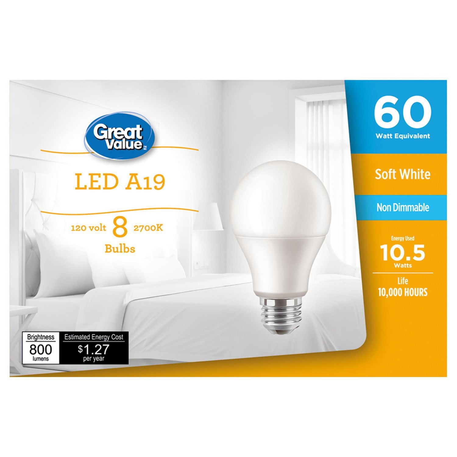 Ampoules DEL Great<br>Value A19 60 W blanc<br>doux, paq. de 8