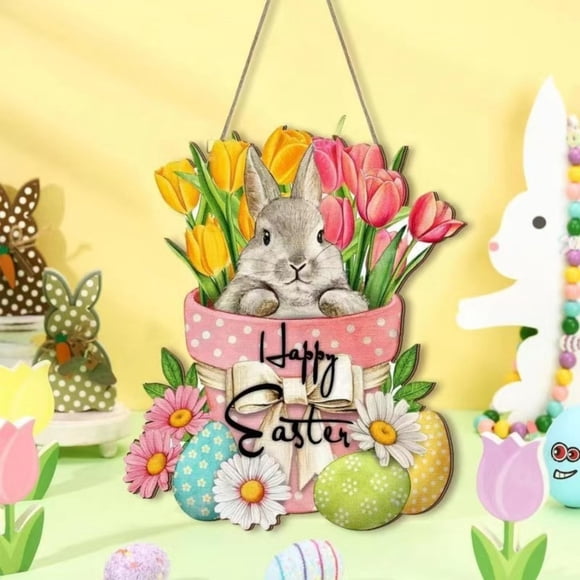 Tdxkok Easter Spring Flowers Bunny Door Sign Holiday Wooden Hanging Sign Easter Decorative Signs Easter Decorations