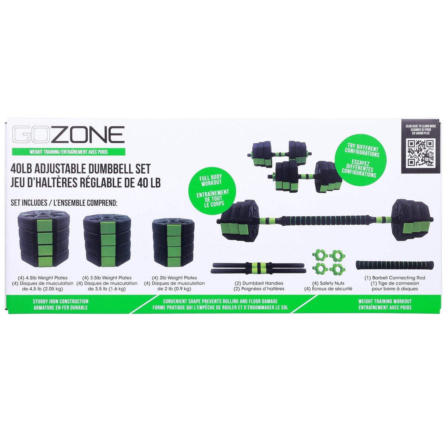Ensemble d’haltères/poids réglable 40 lb GoZone – Noir/vert