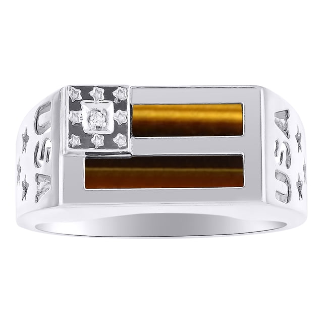 RYLOS Men's Rings 14K White Gold USA Flag Designer Ring With Diamonds and Tiger Eye Rings For Men Size 12