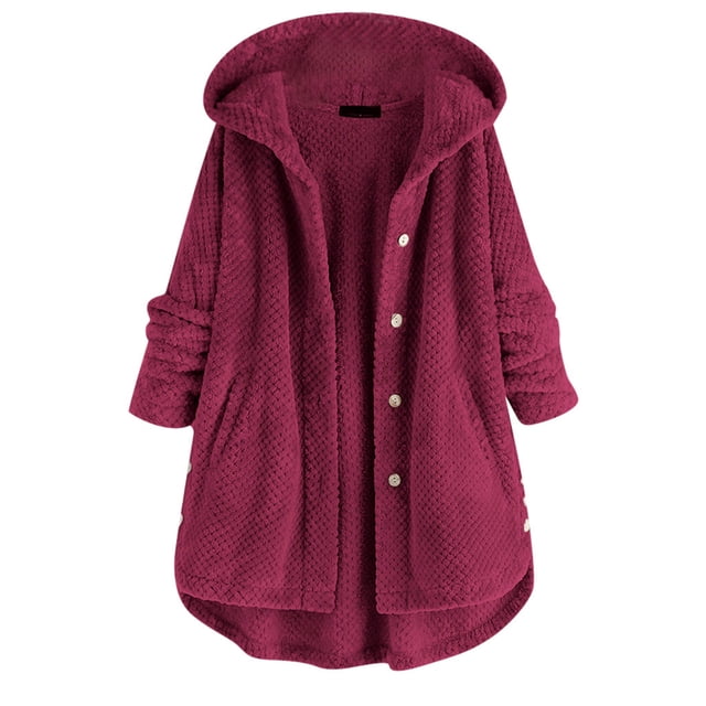 WEIYLL Womens Fleece Jackets Pocket Irregular Long Hooded Button Sleeve Plus Size Wine Fall Coats Size S