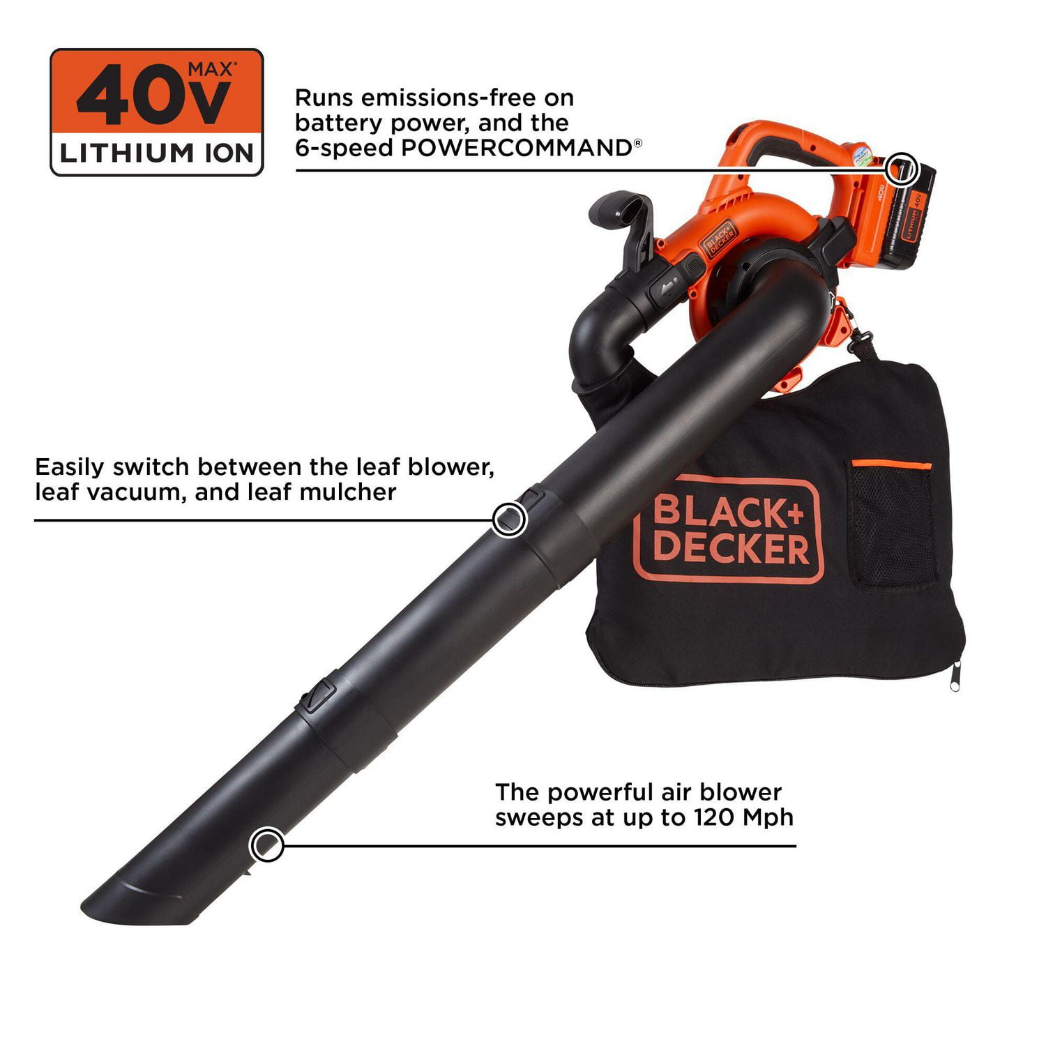 BLACK+DECKER Kit de souffleur-aspirateur à main sans fil 40 V MAX* comprenant une batterie de 1,5 Ah et un chargeur