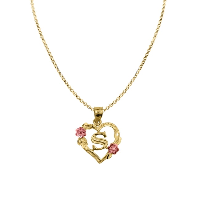 14k Two-tone Gold Flower and Heart-shaped Initial 'S' Pendant with 1.2mm Rolo chain