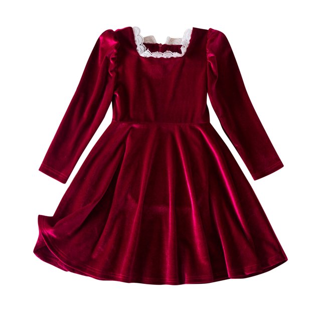 Long Dresses for Girls Girls' Fall and Spring New Long Sleeve Ruffled Lace Round-Neck Embroidery Mesh Princess Bow Skirt New Long Sleeve Round Neck Dress Red 5T
