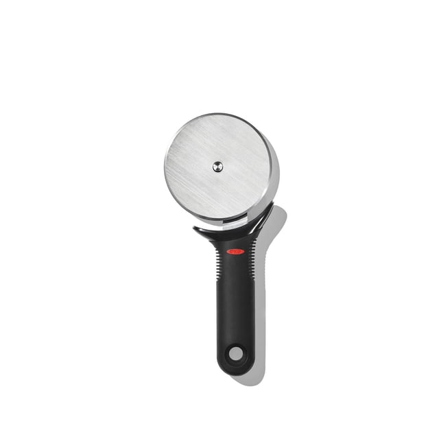 OXO Softworks Pizza Wheel with a sharp stainless steel circular blade and black non-slip handle featuring a thumb guard and red OXO logo, ideal for cutting pizza, quesadillas, tarts, and other foods in kitchen preparation.