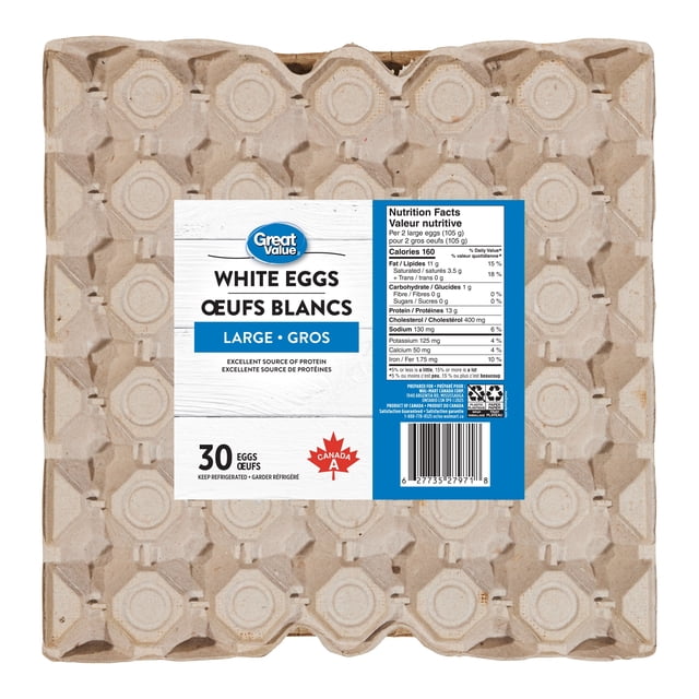 Great Value Large White 30 Eggs carton with a beige molded pulp tray holding 30 Grade A large white eggs. The bilingual label displays nutrition facts, protein content, and a red Canada A quality mark, ideal for families seeking a large whole egg carton in dairy and eggs.