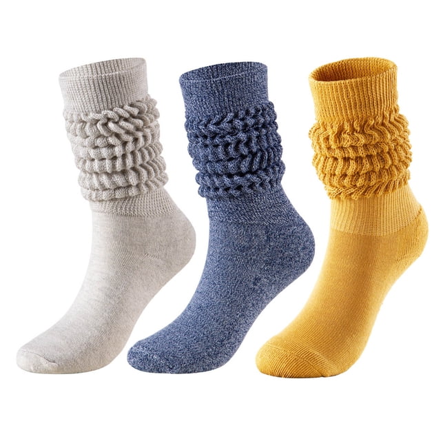 Yellow 3 Pc Womens Scrunch Ankle Socks Soft Stretchy Socks Multi-Way Wear For Yoga Exercise 7.28 Inch Foot Length 15.75 Inch Tube Length Free Size