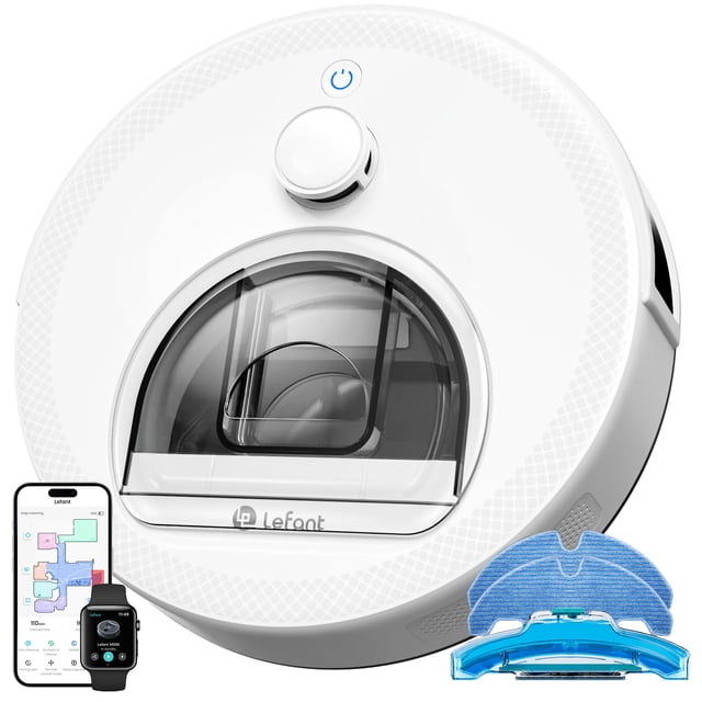 Lefant M330S LiDAR Navigation Robot Vacuum and Mop, 450ml Visible Dustbin, 190° PSD Obstacle Avoidance, Multi-Level Mapping, Robot Vacuum Cleaner for Hardwood Carpets Pet Hair front-facing view of the round, ultra-slim 3.74" robot showing a visible 450ml clear dustbin, low profile, brushless suction port and side sensors on hardwood beside a rug; notes dToF mapping and carpet detection, often used for scheduled pet-hair maintenance and tight-space under-furniture cleaning.