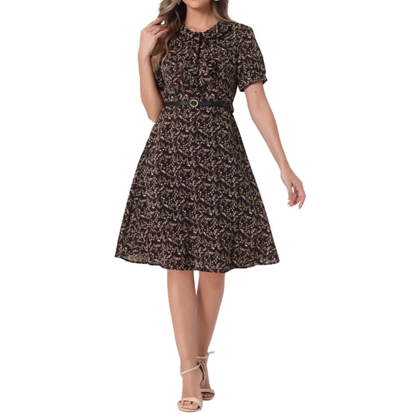 INSPIRE CHIC Women's Vintage Dress Floral Print Peter Pan Collar Knee Length Casual Dress S Brown