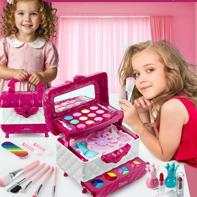 Pretend Play Makeup Toy Set for Princess by HWUXMO, featuring a vibrant pink and white makeup case with a built-in mirror, colorful pretend makeup items like brushes, lipsticks, and palettes. Two children are shown engaging with the set in a bright pink room, highlighting its interactive and imaginative play value. Ideal for kids aged 3 and up, this safe and non-toxic toy encourages creativity and role-playing.