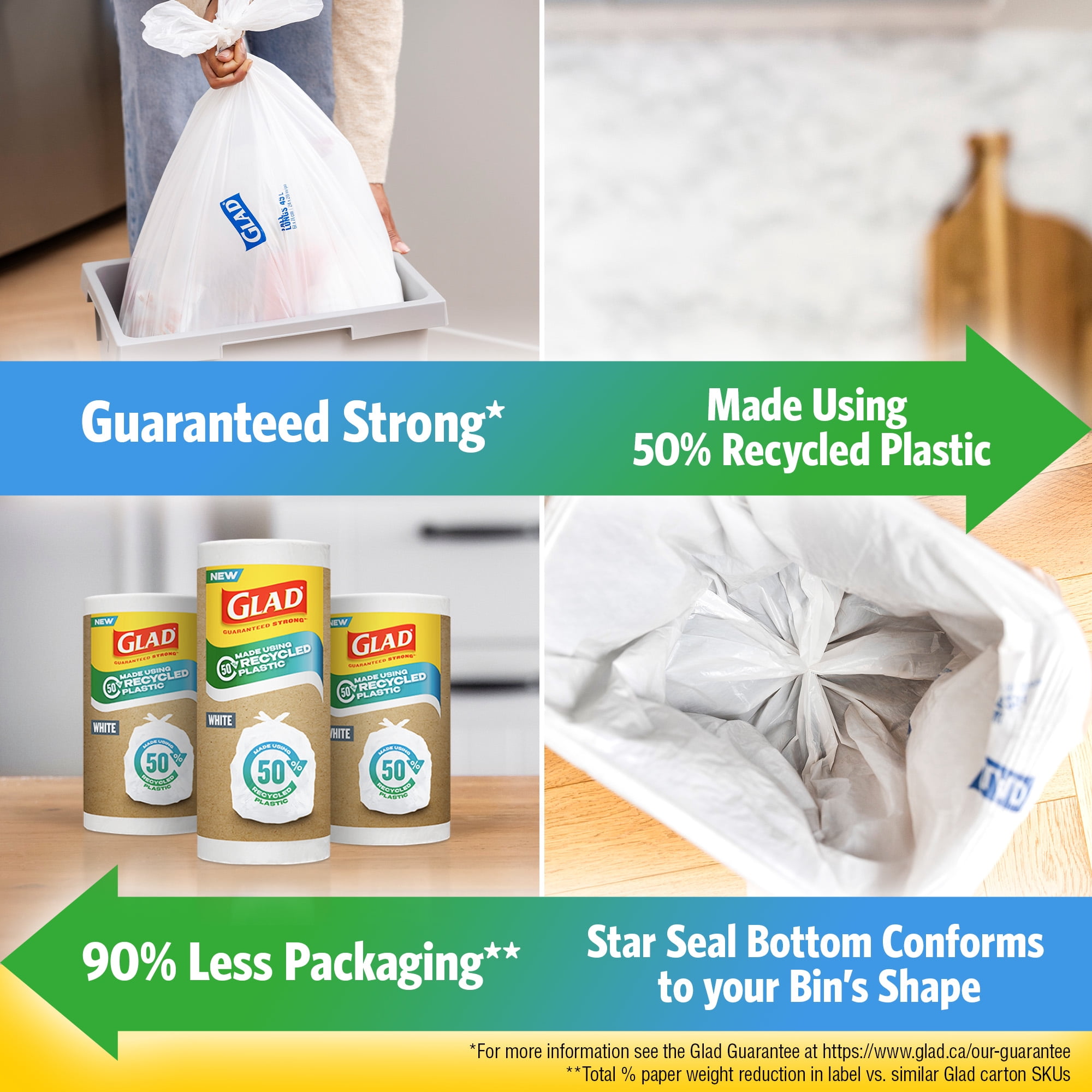 Glad White Garbage Bags - Tall 45 Litres - Made using 50% Recycled Plastic, 28 Trash Bags