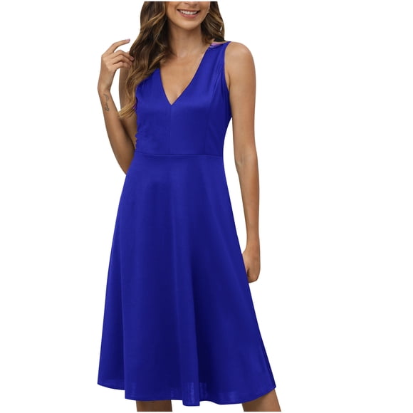 AherBiu Business Casual Dresses for Women Sleeveless V Neck Office Ladies Basic Midi Dress with Pockets