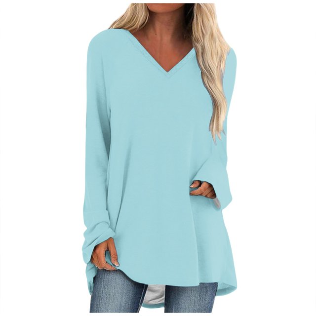 KIHOUT Spring Winter Womens Tops Solid Color T-shirt Long Sleeves Blouse V-Neck Casual Mid-Length Blouse Tops
