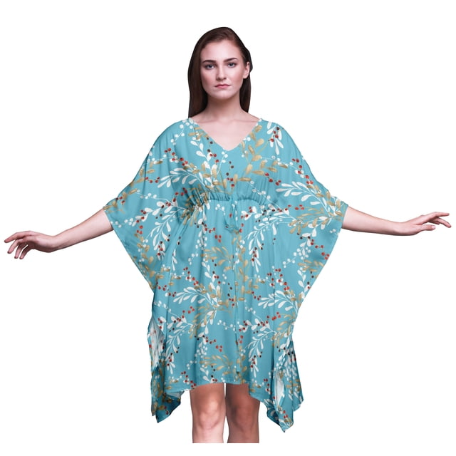 Bimba Feuilles Plage Caftan de Plage Couvre-Maillot Bikini Robe Midi pour Femmes Courte Caftan-S-L