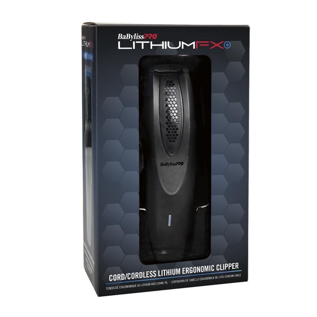 LithiumFX+ Clipper avec Prise Ergonomique Noire dans une Boîte de Détail avec Motif hexagonal et Marque BaBylissPRO, un Outil de Coupe de Cheveux Filaire Ou Sans Fil avec Batterie lithium-ion et Contrôle de Conicité Réglable pour un Soin Précis.